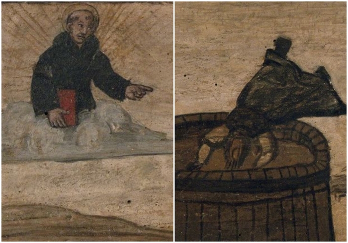 Слева на право: Николай из Толентино парит в облаках. \ Девушка, упавшая в чан с вином.
