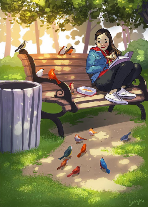 Весь день сидеть в парке в компании птичек. Автор: Yaoyao Ma Van.