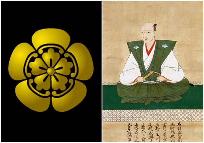 Слева направо: Эмблема (камон) рода Ода. \ Портрет Оды Нобунаги из коллекции храма Тёкодзи в городе Тоёта.