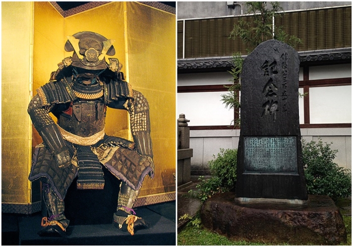 Слева направо: Доспехи Нобунаги. \ Стела, посвящённая Нобунаге, в храме Хонно-дзи.