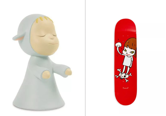 Слева направо: Маленький странник, Ёситомо Нара, 2003 год.  Скейтборд, на котором изображён один из рисунков Ёситомы Нара, 2016 год.