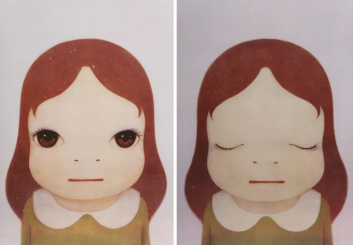 Слева направо: Космическая девушка (С открытыми глазами), Ёситомо Нара, 2008 год.  Космическая девушка (С закрытыми глазами), Ёситомо Нара, 2008 год.