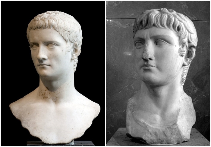 Слева направо: Гай Юлий Цезарь Август Германик, мраморный бюст Калигулы, I век. \ Германик, Бюст из Кордовы, Испания.