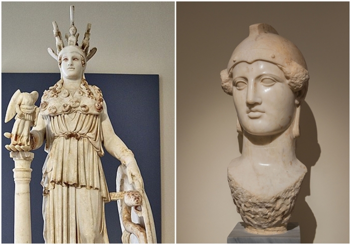 Слева направо: Афина Варвакион, статуя Афины Парфенос римской эпохи, считается наиболее точной копией хризелефантовой статуи, сделанной Фидием и его помощниками. \ Копия работы Фидия или одного из его учеников: голова Афины.