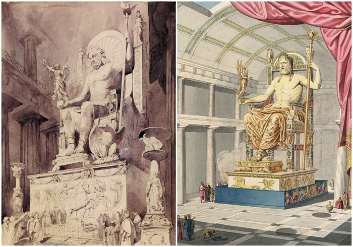 Слева направо: Статуя Зевса в храме Олимпии, Альфред-Шарль Конрад, 1913-1914 годы. \ Статуя Зевса в Олимпии, античное искусство, Антуан-Хризостом Кватремер де Куинси, 1815 год.