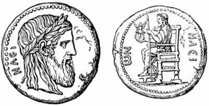Монета из района Элис на юге Греции, изображающая статую олимпийского Зевса. \ Фото: free-images.com.