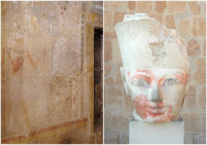 Слева направо: Уничтожение Амона (правая фигура) по приказу Эхнатона. \ Отрубленная голова статуи Хатшепсут.