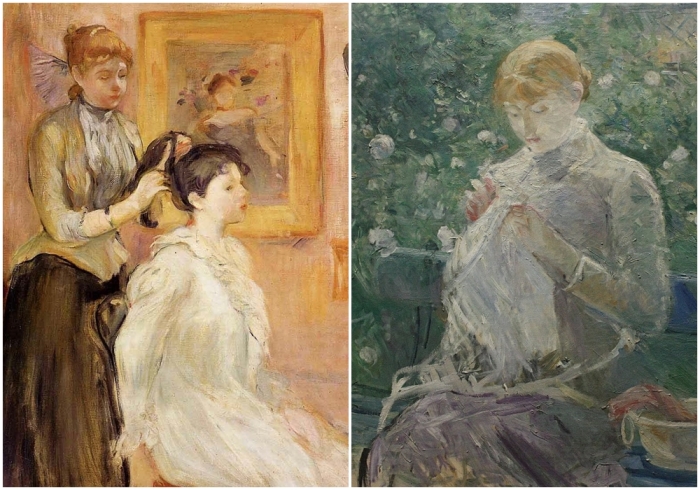 Слева направо: Парикмахер, Берта Моризо. \ Женщина шьёт в саду, Берта Моризо.