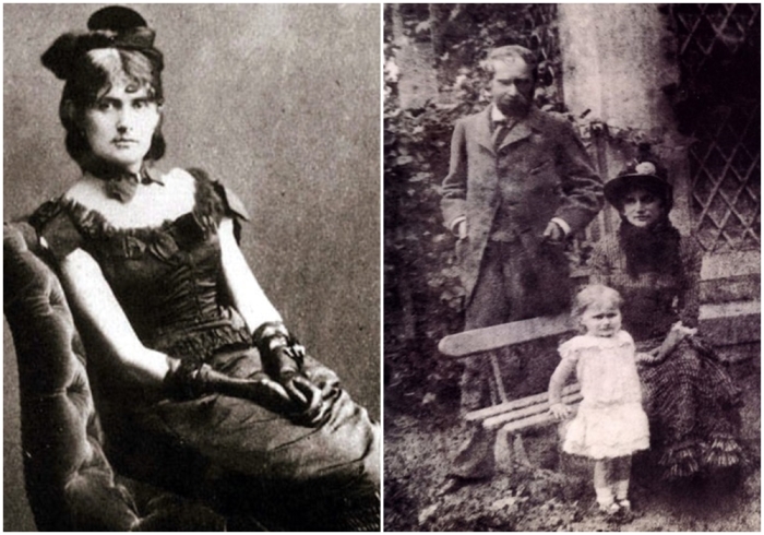 Слева направо: Фотография, на которой запечатлена Берта Моризо. \ Семейная фотография: Берта Моризо с мужем и дочерью.