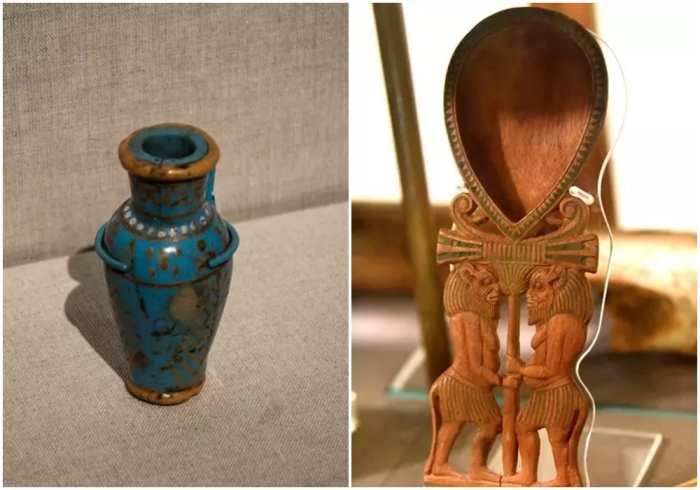 Слева направо: Египетский флакон для духов и ароматических масел. \ Древнеегипетская косметическая ложка.