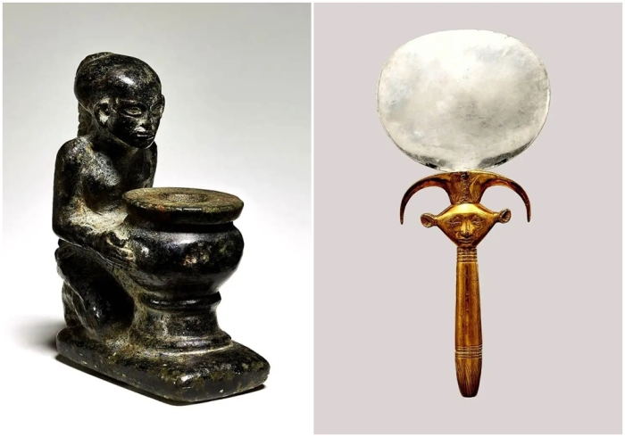 Слева направо: Баночка с косметическим средством из Древнего Египта, 1985-1795 годы до н.э. \ Древнеегипетское зеркало.