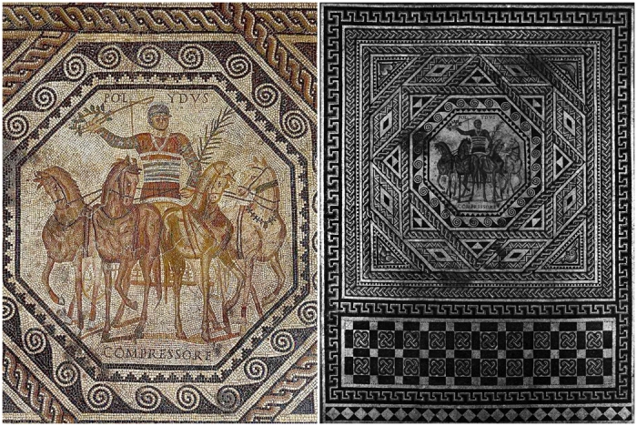Римская мозаика, изображающая колесницу с четырьмя лошадьми, IV век н. э.