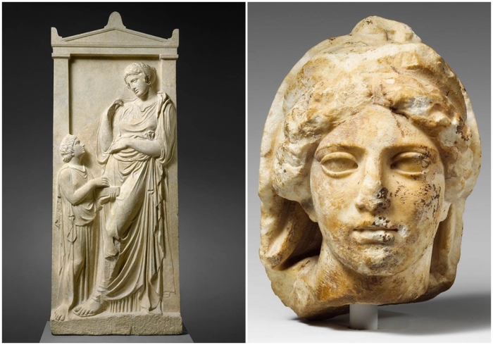 Слева направо: Греческая аттическая мраморная могильная стела молодой женщины и служанки, 400-390 гг. до н. э. \ Греческая мраморная голова женщины, 425-00 до н. э.
