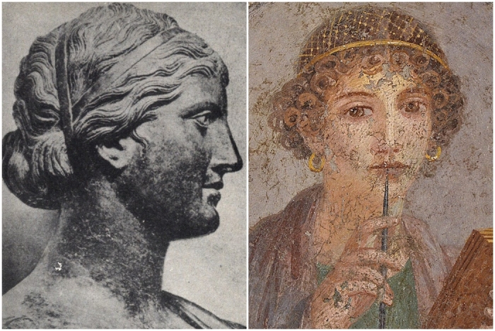 Слева направо: Портрет Сафо. \ Помпейская фреска женщины, пишущей на восковой табличке, часто идентифицируемой как Сафо, около 55-79 гг.н. э.