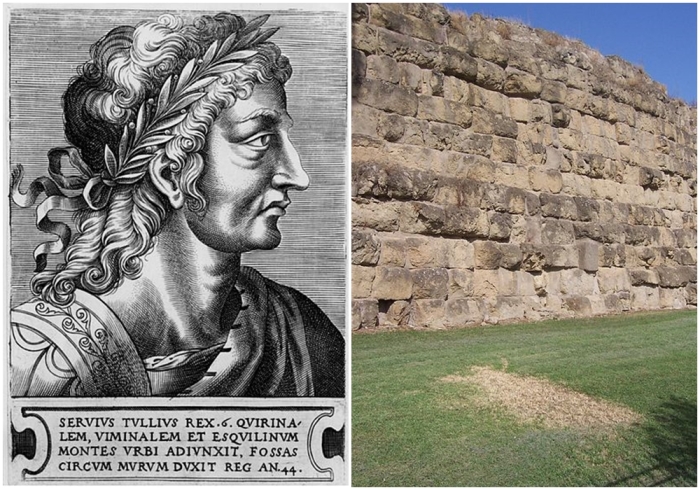Слева направо: Сервий Туллий - шестой царь Древнего Рима. \ Сохранившаяся часть Сервиевой стены.