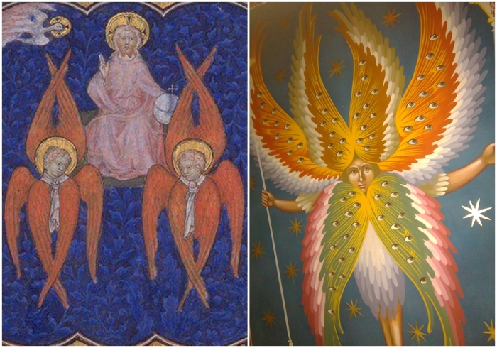Слева направо: Серафимы и Господ Бог. \ Шестикрылый Серафим.