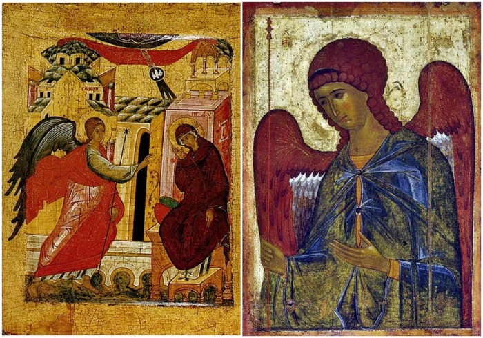 Слева направо: \ Архангел Гавриил на иконе Благовещения (Суздаль, XV век). \ Архангел Гавриил, византийская икона, Третьяковская галерея.