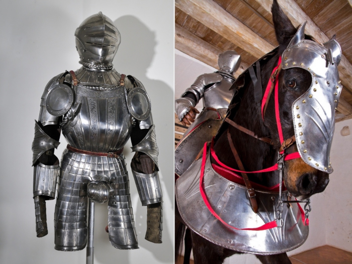 Рыцарские доспехи и доспехи для лошади, сохранились в замке Кастельно.