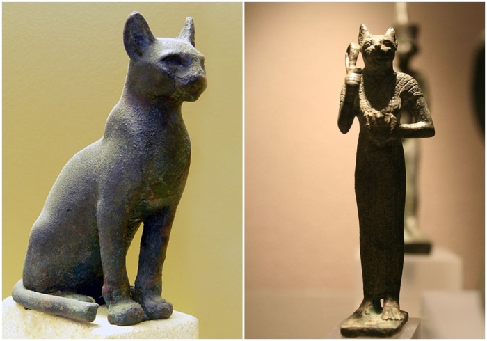 Слева направо: Статуэтка кошки. \ Статуя египетской богини Бастет с головой кошки, Египетский музей Лейпцига