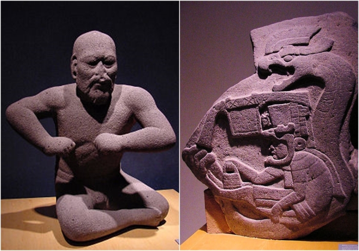 Слева направо: «Борец», статуэтка ольмекской эпохи, 1400—400 до н. э. \ Монумент из Ла Венты (1200—400 г.д.э), самое раннее известное изображение пернатого змея, который будет играть важную роль в мифологии поздних культур центральной Америки.