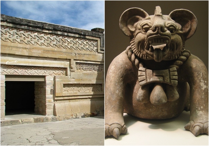 Слева направо: Сапотекский храм в Митле, Оахака. \ Погребальная урна из Оахаки.