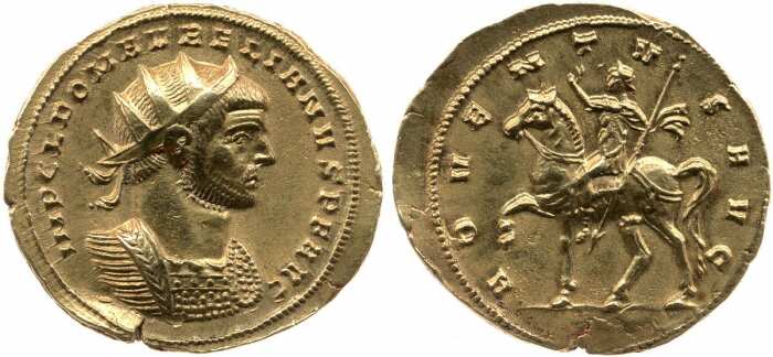 Золотая монета Аврелиана, изображающая императора в полном военном облачении на реверсе, 270-275 гг. н. э. \ Фото: pinterest.ru.