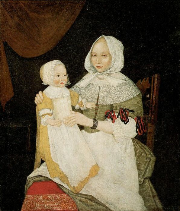 Элизабет Кларк Фрик (миссис Джон Фрик) и Малышка Мэри, неизвестный художник, 1674 год. \ Фото: pinterest.com.