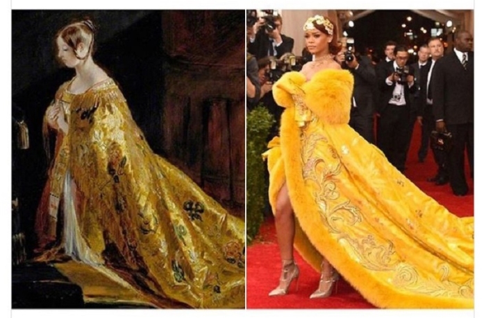Королева Виктория в «Коронационных одеяниях» Чарльза Роберта Лесли, 1838 год и Рианна, 2015 год.