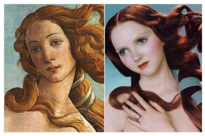 «Рождение Венеры», художник Сандро Боттичелли, 1486 год и кампания «De Beers» с участием Лили Коул, 2005 год.