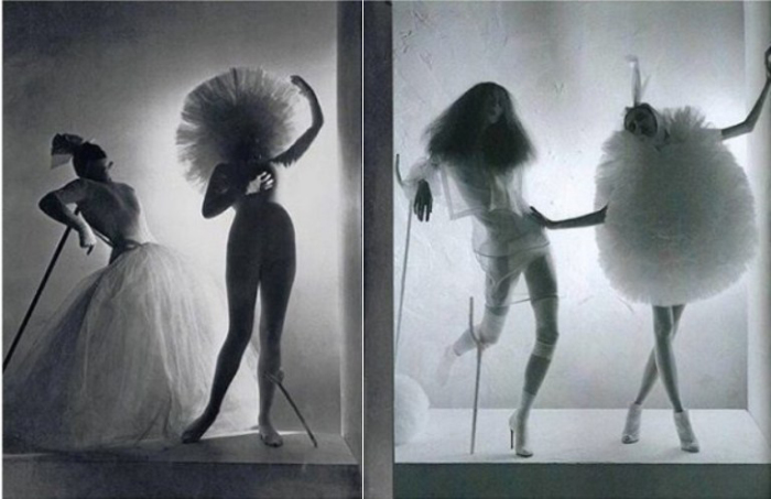 Костюмы Сальвадора Дали для балета Бакханале, сфотографированные Хорстом П. Хорстом, 1939 год и «Волшебный мир», сфотографированный Тимом Вокером для Vogue Italia, 2007 год. 
