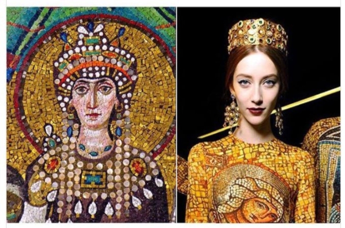 Мозаика императрицы Теодоры в церкви Сан-Витале, 547 год и  осенняя коллекция Dolce & Gabbana, 2013 год.