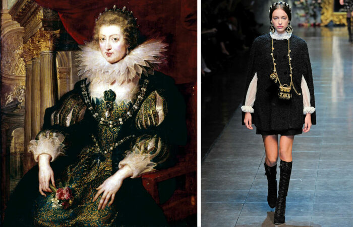 Слева направо: Портрет Анны Австрийской,  Петер Пауль Рубенс, 1621-25 гг. \ Модель Люсетт Ван Бик  на показе мод Dolce & Gabbana, осень 2012 года. \ Фото: google.com.