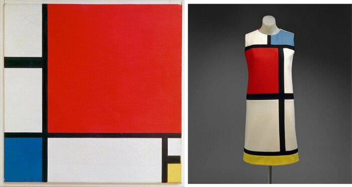 Слева направо: Композиция с красным, синим и жёлтым, Пит Мондриан, 1930 год. \ Платье Mondrian от Yves Saint Laurent, коллекция осень/зима 1965 года. \ Фото: yandex.ua.