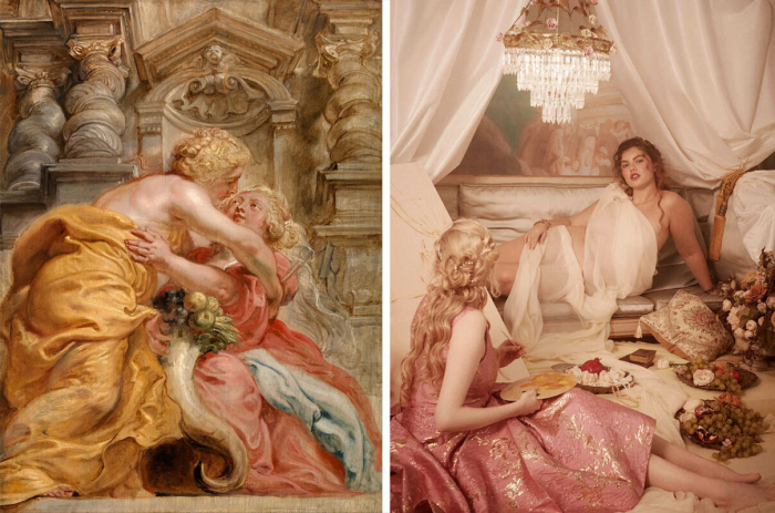 Слева на направо: Одна из работ Питера Пауля Рубенса, 1634 год. \ Фото: Модная коллекция Dolce & Gabbana на осень/зиму 2020 года. \ Фото: zhuanlan.zhihu.com.