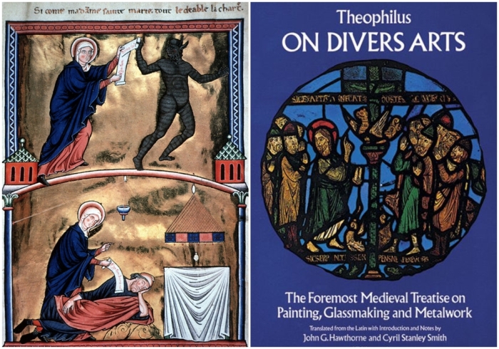 Слева направо: Знаменитый «Псалтырь королевы Ингеборг», около 1195 года, Музей Конде, Шантийи. \ Средневековый трактат Теофила о различных искусствах, 1125 год нашей эры.