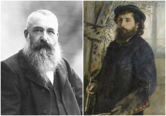 Слева направо: Клод Моне, фотография Надара, 1899 год. \ Портрет Клода Моне, Огюст Ренуар, 1875 год.