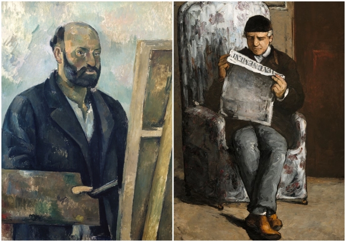 Слева направо: Поль Сезанн, автопортрет, ок. 1890 года, Собрание фонда Эмиля Бюрле, Цюрих. \ Портрет отца, читающего «LEvenement», Поль Сезанн, 1866 год, Национальная галерея искусств, Вашингтон.