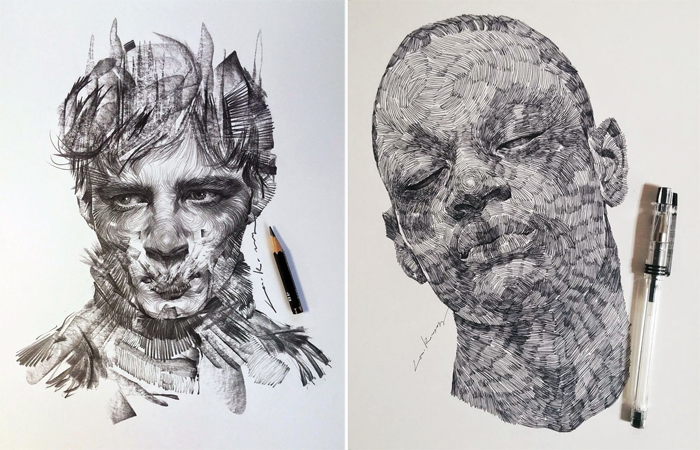 Монохромные портреты, выполненные карандашом и чернилами. Автор: lee.k.