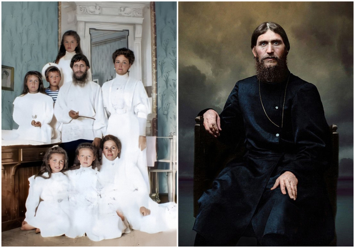 Слева направо: Распутин с императрицей, пятью детьми и гувернанткой, Царское село, 1908 год. \ Безумный монах.