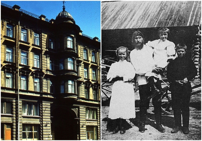 Слева направо: Дом на Гороховой, где проживал Распутин (с окнами на двор). \ Распутин с семьёй.