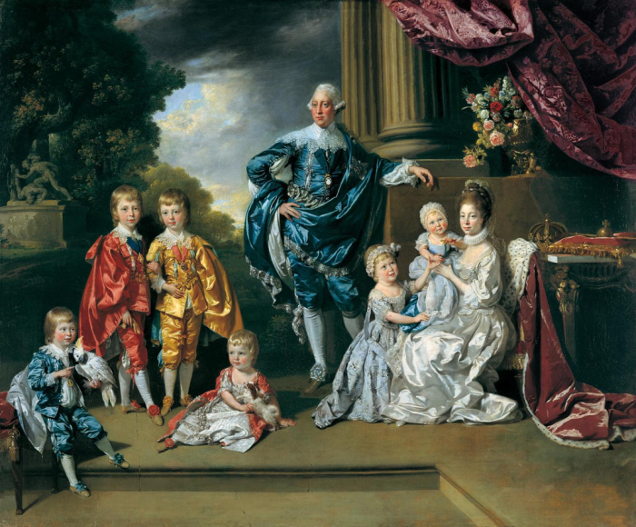 Король Георг III с королевой-консортом Шарлоттой и их шестью старшими детьми, художник Иоганн Цоффани (1770 год). \ Фото: wikipedia.org.