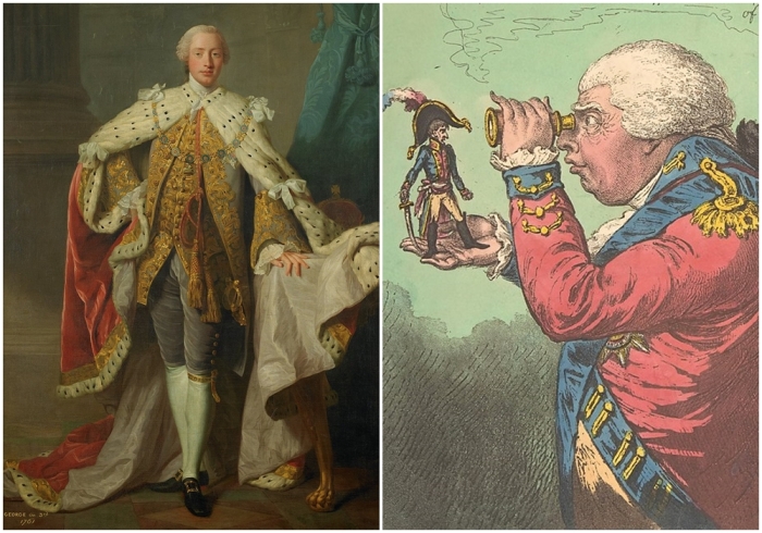 Слева направо: Георг III в коронационных одеяниях. \ Георг III — «король Бробдингнега» смотрит в подзорную трубу на Бонапарта-Гулливера, карикатура Джеймса Гилрея (ироническая по отношению к королю), 1803 год.