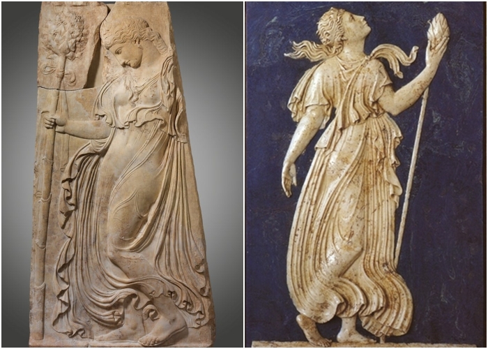 Слева направо: Мраморный рельеф с танцующей менадой, адаптация работы, приписываемой Каллимаху, около 27 г. до н.э. – 14 г.н.э. \ Менада с тирсом.