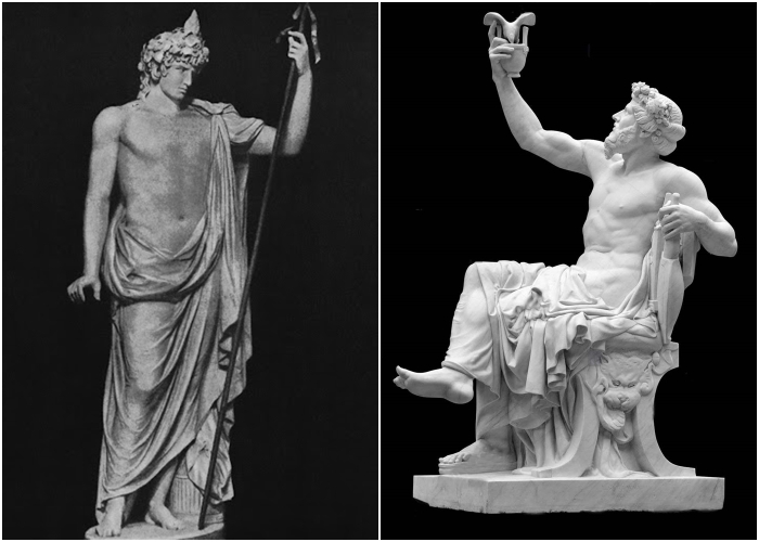 Слева направо: Статуя Антиноя в образе Диониса.  Статуя Диониса или Вакха с виноградной гроздью и чашей.
