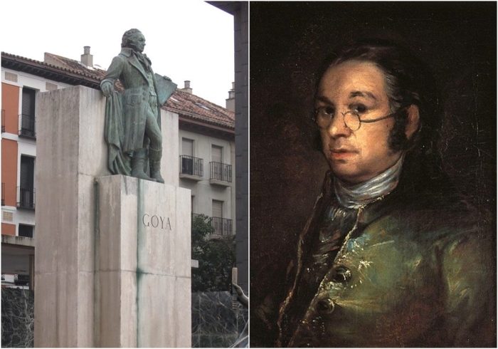 Слева направо: Памятник Гойе в Сарагосе. \ Автопортрет Гойи в очках, 1797-1800 гг.
