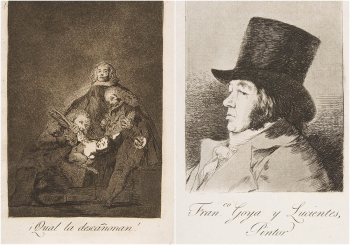 Слева направо: «Los Caprichos» № 21: Как они её ощипывают! Франсиско де Гойя, 1799 год. \ Автопортрет «Los Caprichos» № 1, Франсиско де Гойя, 1799 год.
