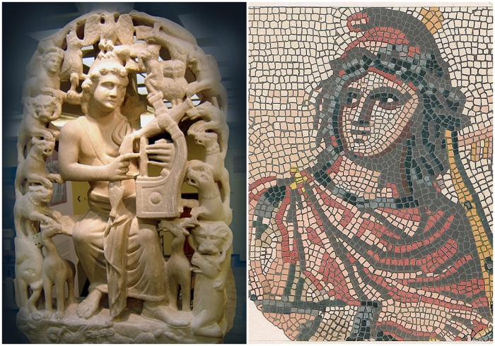 Слева направо: Орфей с лирой в окружении зверей (Византийский и христианский музей, Афины). \ Мозаика Орфея в Доминиканском музее, второй век н.э.