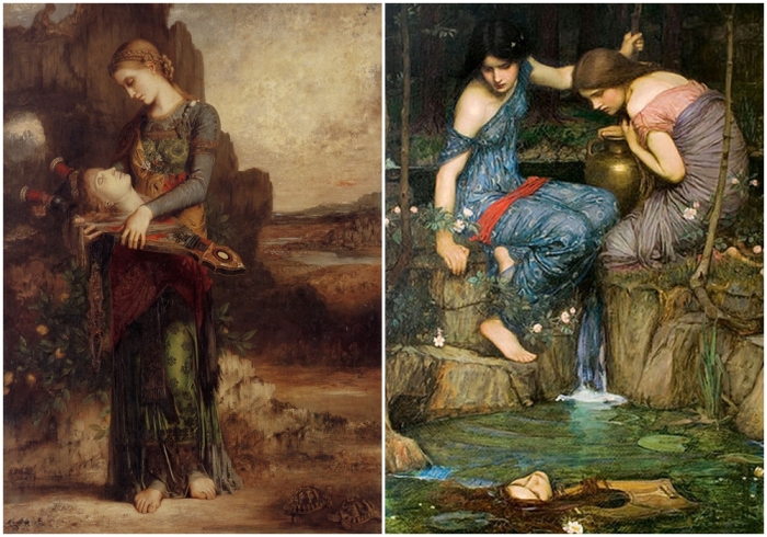 Слева направо: Фракийская девушка, несущая голову Орфея, Гюстав Моро, 1865 год. \ Нимфы, нашедшие голову Орфея, Джон Уильям Уотерхаус, 1900 год.