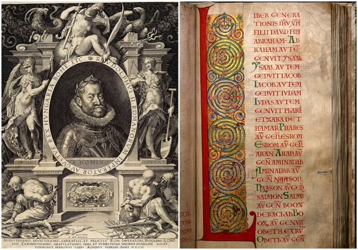 Слева направо: Портрет Рудольфа II, Эгидиус Саделер II, 1603 год.  Одна из страниц Гигантской Книги.