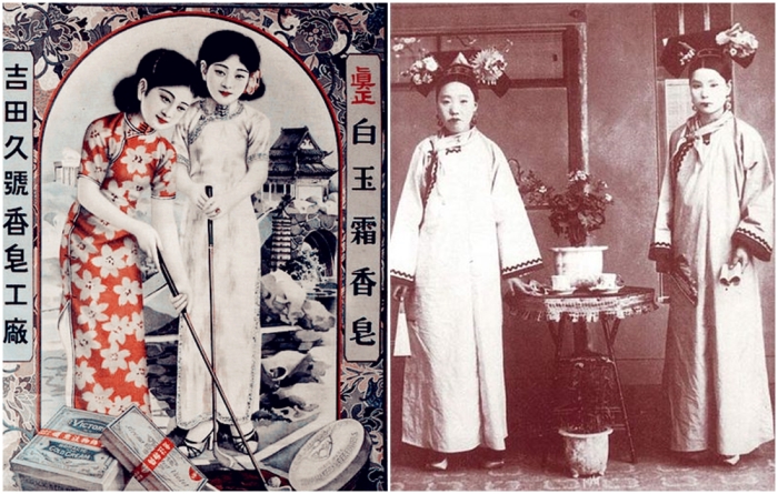 Слева направо: Шанхайская реклама 30-х годов XX века изображает двух женщин, одетых в ципао. \ Придворные дамы династии Цин в традиционных ципао.
